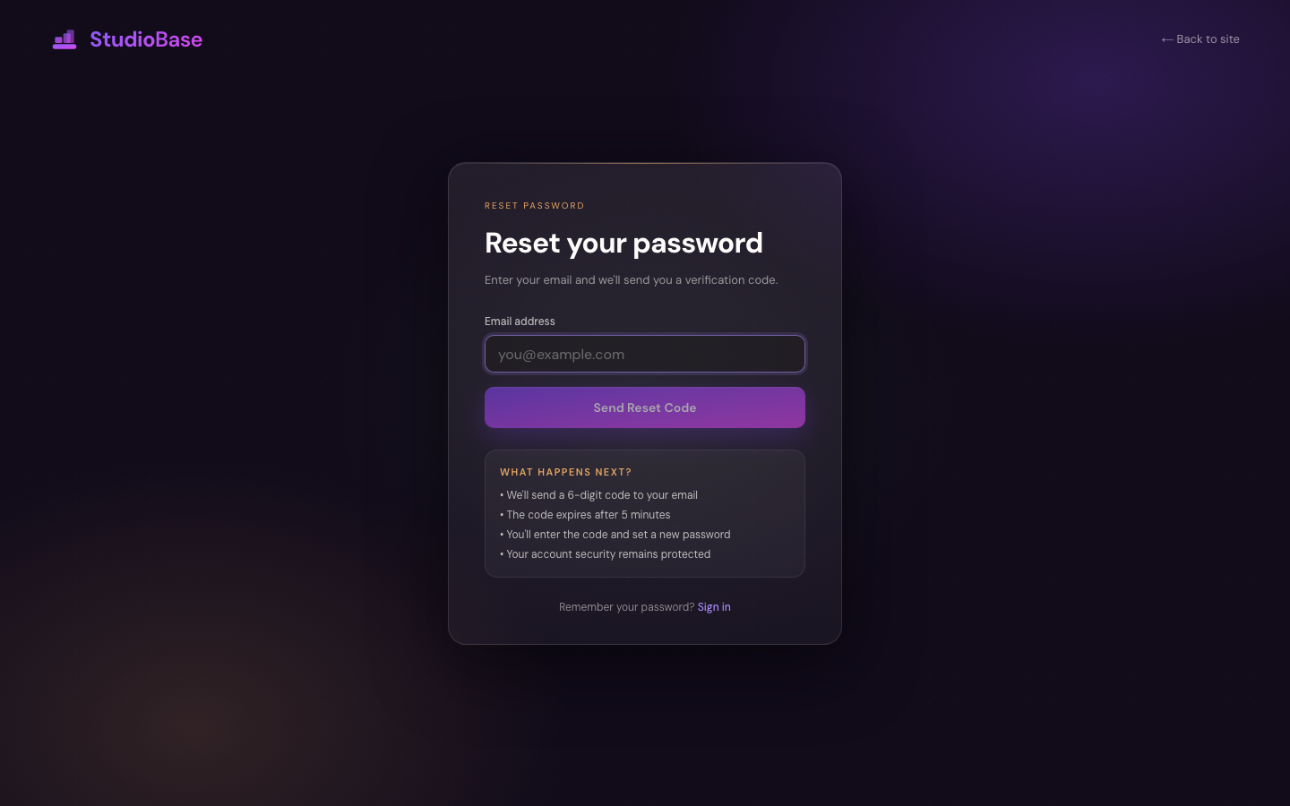 Password reset page with email input and Send Reset Code button