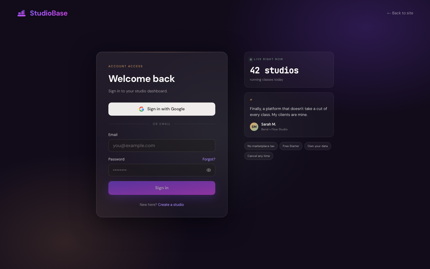 Login page with email, password, and Continue with Google button
