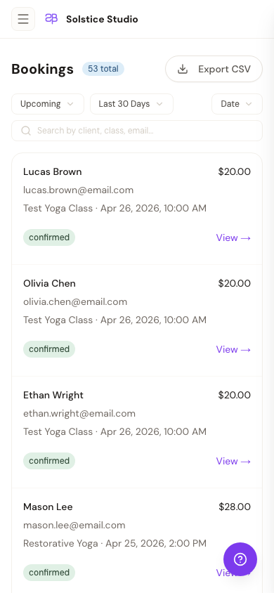 Bookings list on mobile