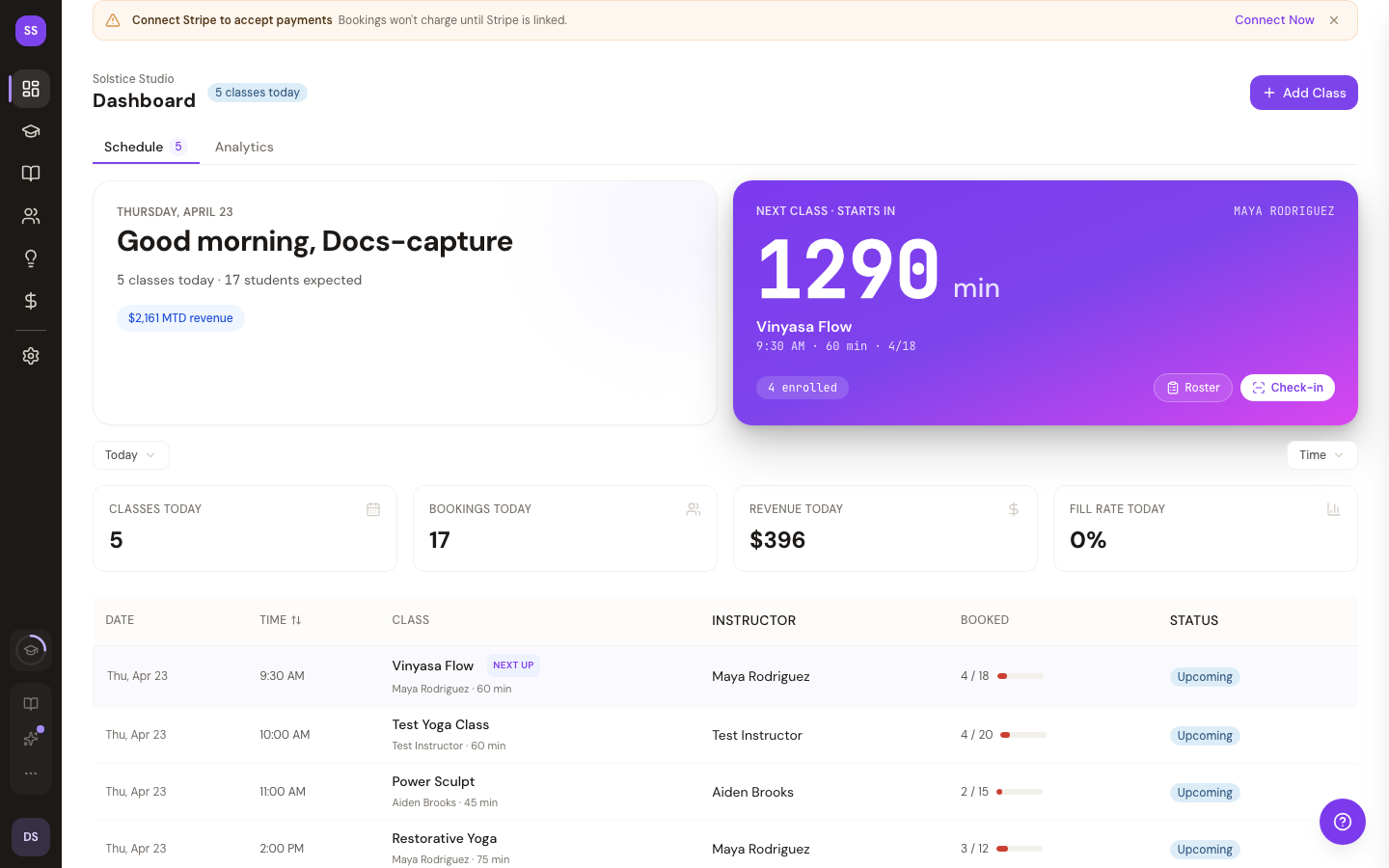Dashboard overview showing today's schedule with upcoming class, booking counts, and check-in button
