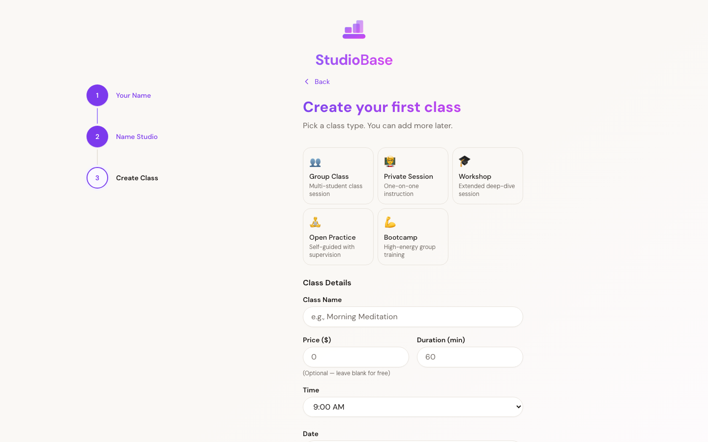 First class step with preset buttons and custom class fields