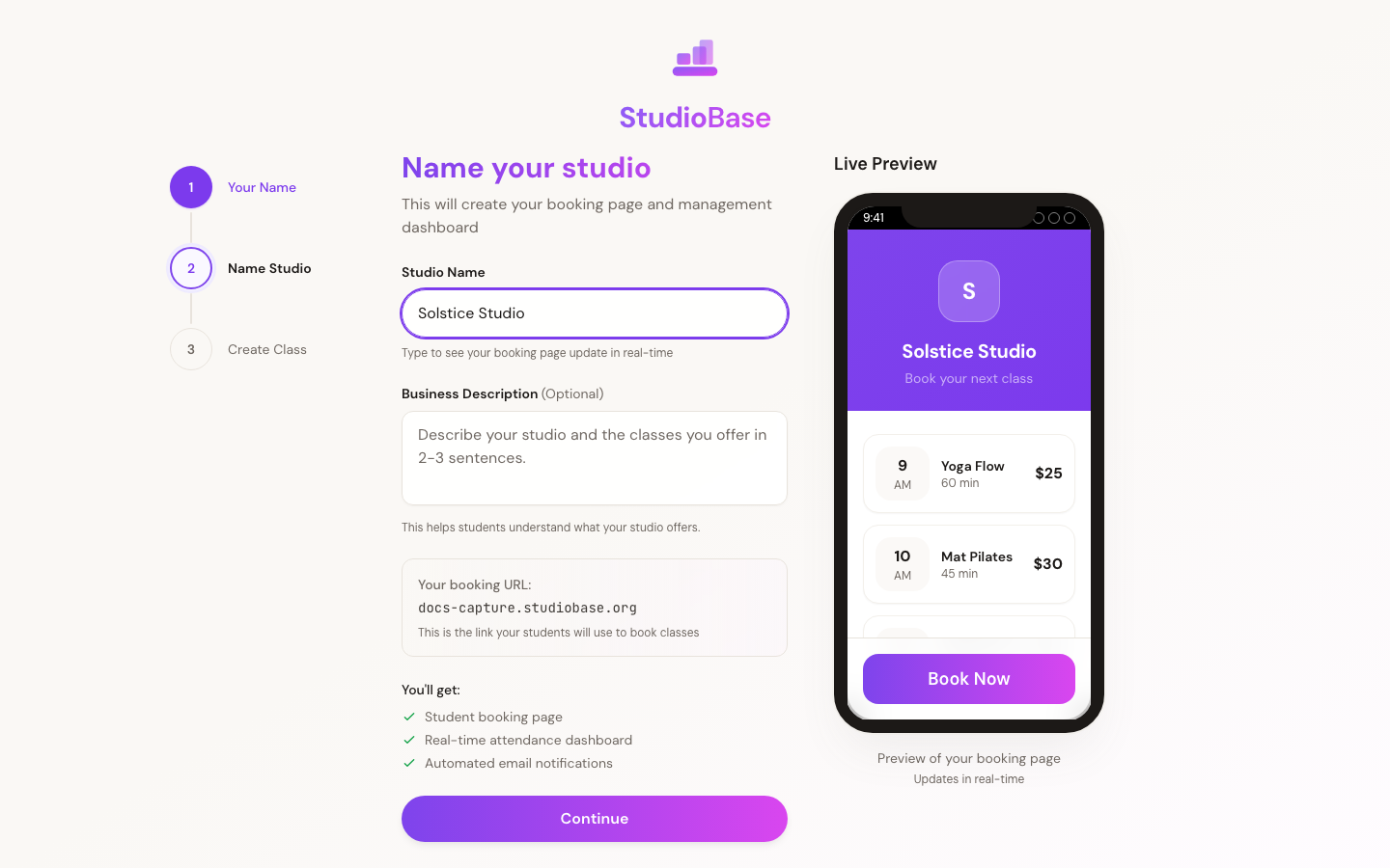 Studio setup step with name, description, and booking URL fields alongside a live preview