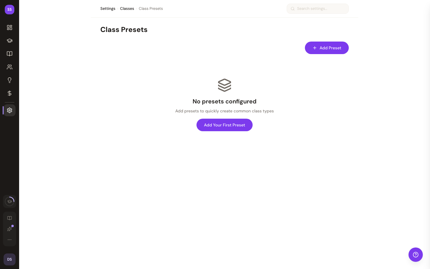 Class presets settings page listing saved templates with reorder controls