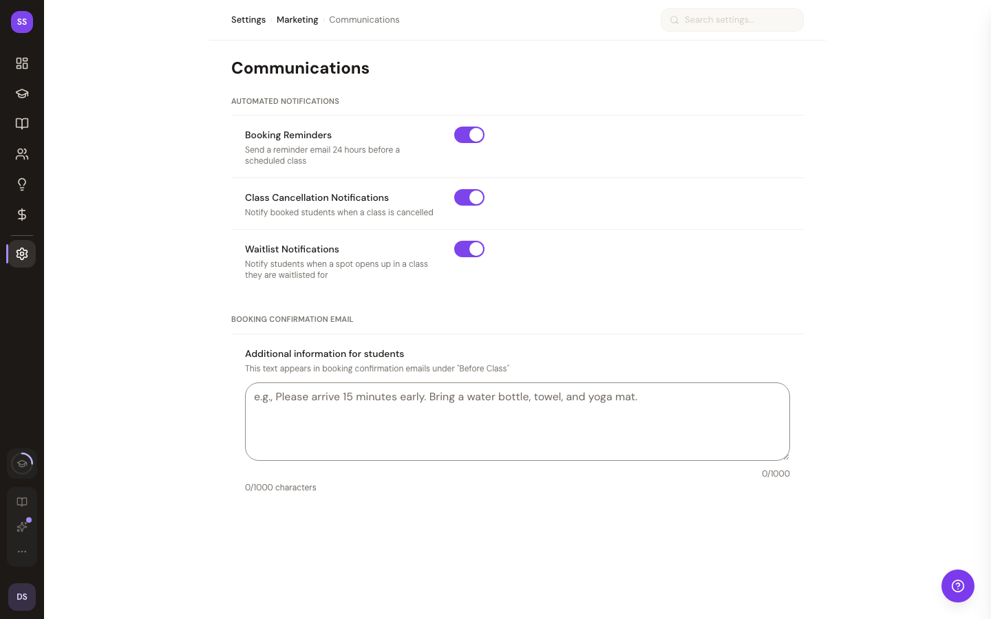 Communications settings with toggles for booking reminders, cancellation notices, and waitlist alerts