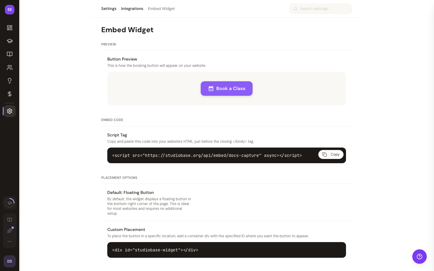 Embed settings showing the generated script tag and a preview of the floating booking button