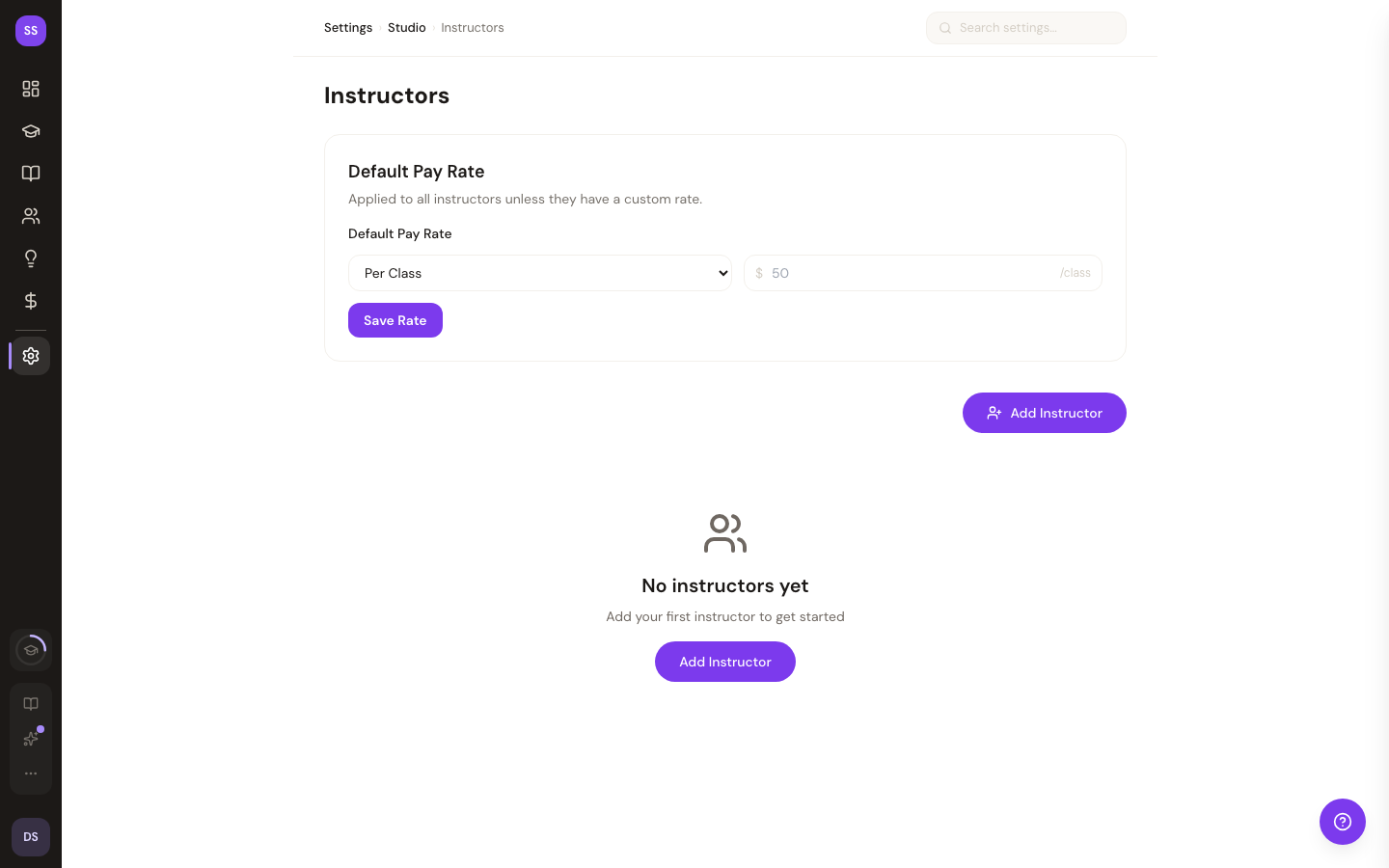 Instructors settings with a list of instructor profiles and an Add Instructor control
