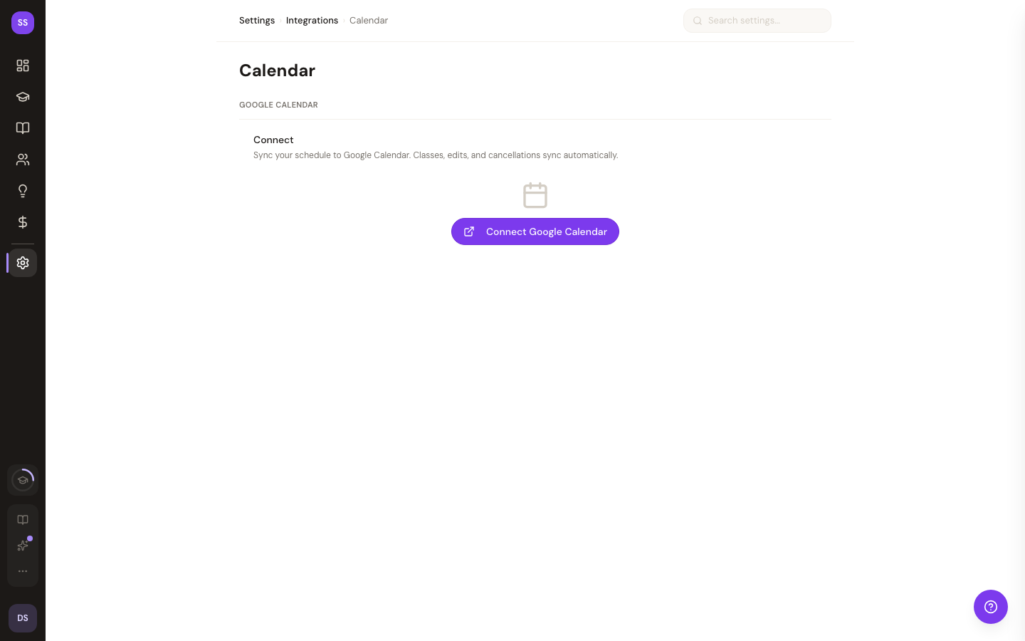 Integrations settings showing the Google Calendar connection card