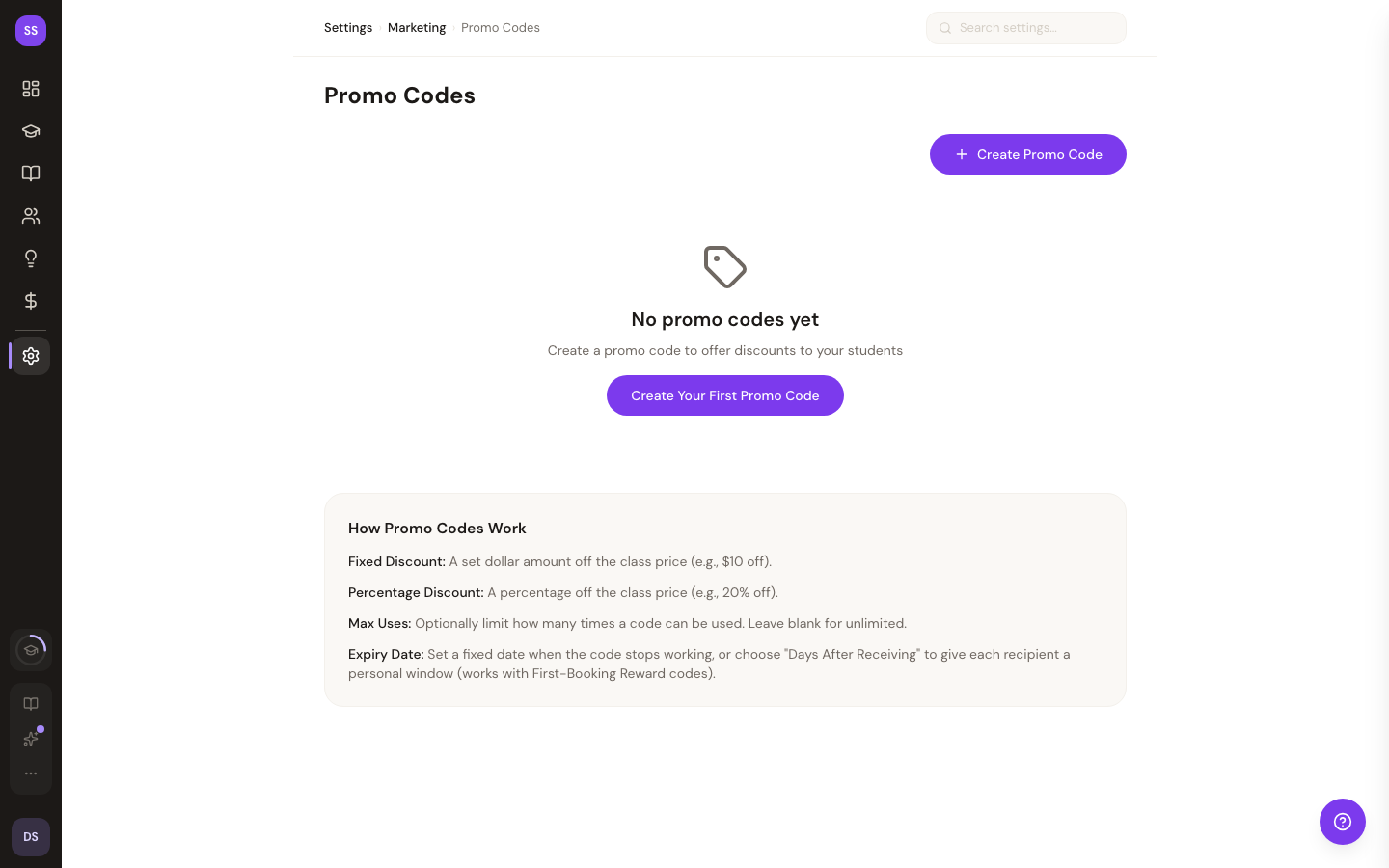 Promo codes settings listing active codes with discount type and usage counts