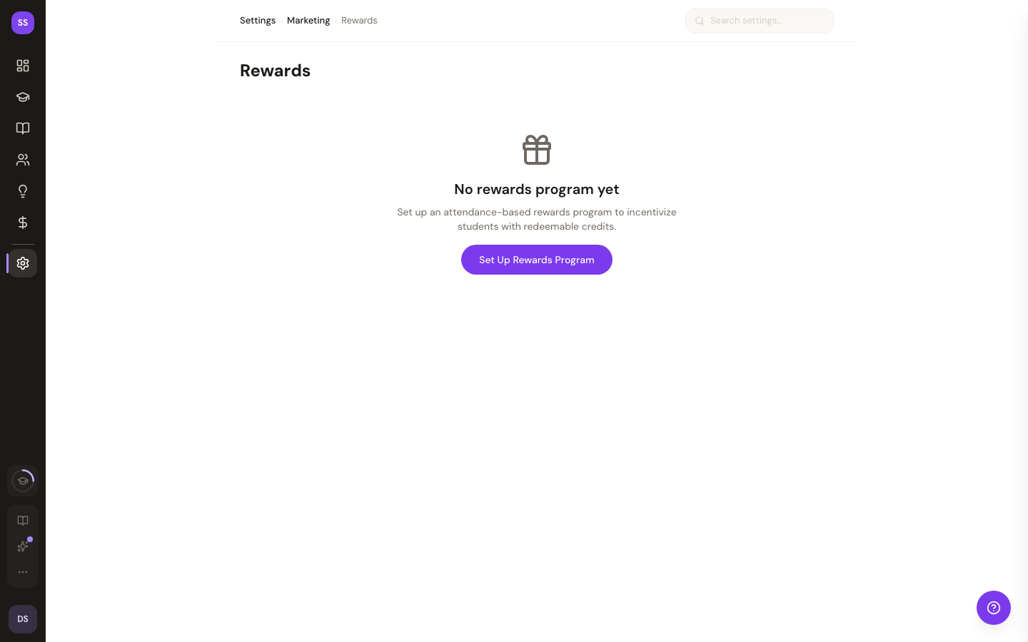 Rewards program settings page with setup button