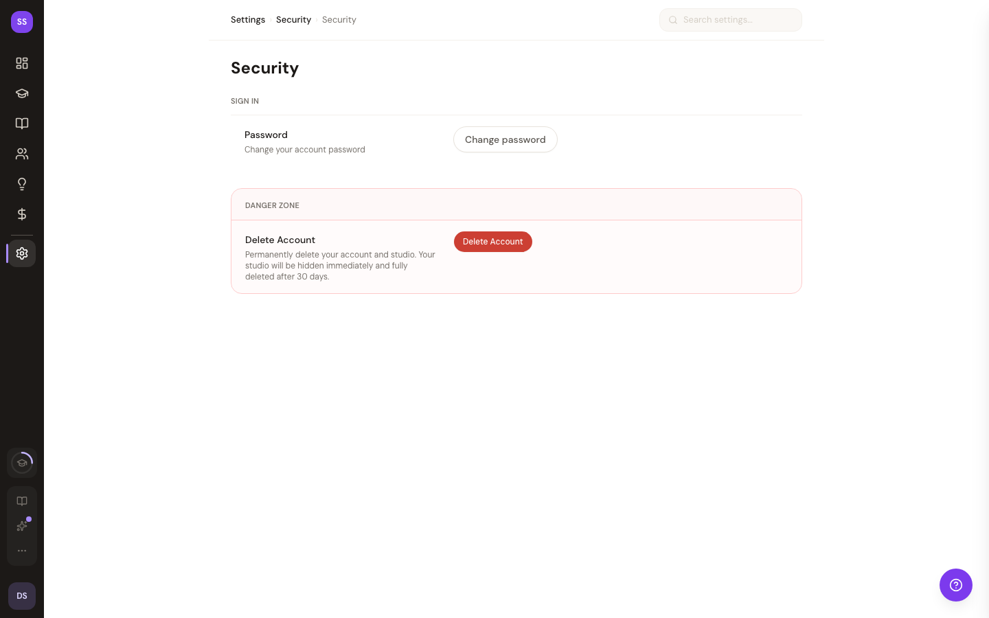 Security settings showing password change form and account deletion section