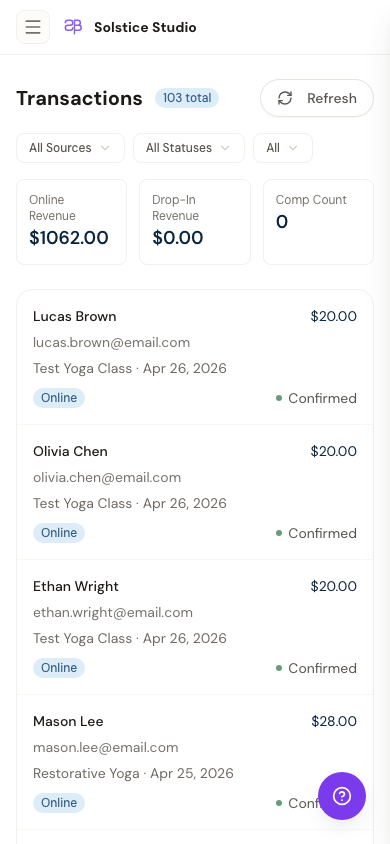 Transactions page on mobile